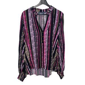 Maeve Long Sleeve Black Multicolor Partial Button Up Top XL